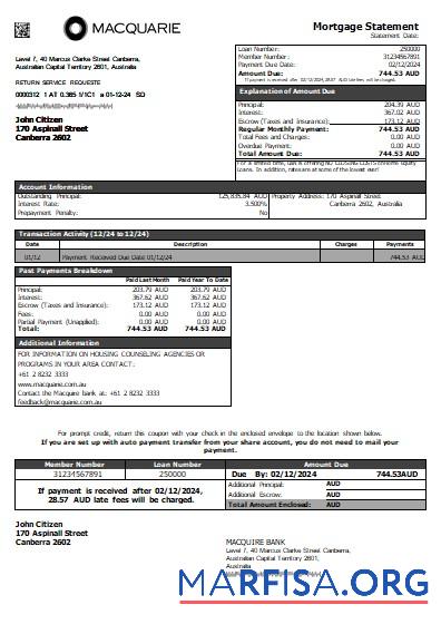 Downloadable Australia Macquire Bank mortgage statement scr example
